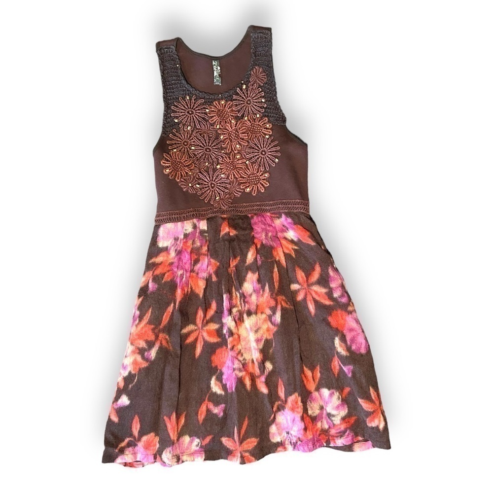 Free People Floral Boho Mini Dress Brown Crochet Wool Sleeveless Womens S